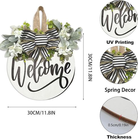 Welcome Wreaths Sign for Front Door, Rustic Wood Wreath with Bow, Welcome Home Porch Hanging Sign Gift, for All Seasons Holiday Farmhouse Outdoor & Indoor Decorations in Saudi Arabia
