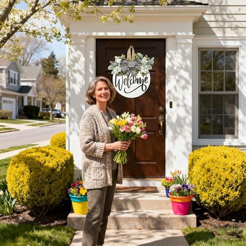Welcome Wreaths Sign for Front Door, Rustic Wood Wreath with Bow, Welcome Home Porch Hanging Sign Gift, for All Seasons Holiday Farmhouse Outdoor & Indoor Decorations in Saudi Arabia