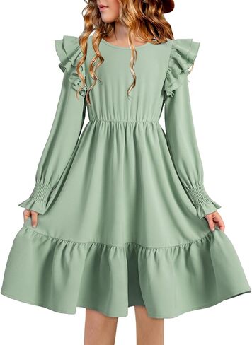 blibean Teen Girls Dress Kids Double Ruffle Long Sleeve Smocked Dresses Size 6-15 Years in Kuwait