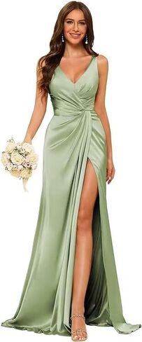 Women's V Neck Bridesmaid Dresses Sleeveless Satin Pleated Formal Dress with Slit 2025 LIN013 in Saudi Arabia