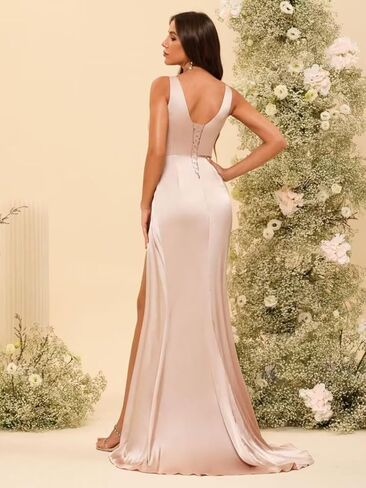 Women's V Neck Bridesmaid Dresses Sleeveless Satin Pleated Formal Dress with Slit 2025 LIN013 in Saudi Arabia