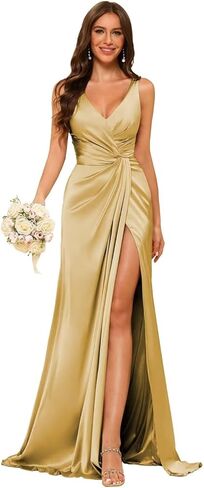 Women's V Neck Bridesmaid Dresses Sleeveless Satin Pleated Formal Dress with Slit 2025 LIN013 in Saudi Arabia