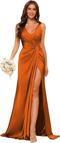 Women's V Neck Bridesmaid Dresses Sleeveless Satin Pleated Formal Dress with Slit 2025 LIN013 in Saudi Arabia
