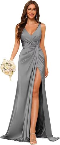 Women's V Neck Bridesmaid Dresses Sleeveless Satin Pleated Formal Dress with Slit 2025 LIN013 in Saudi Arabia