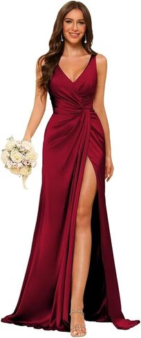 Women's V Neck Bridesmaid Dresses Sleeveless Satin Pleated Formal Dress with Slit 2025 LIN013 in Saudi Arabia