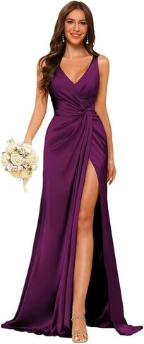 Women's V Neck Bridesmaid Dresses Sleeveless Satin Pleated Formal Dress with Slit 2025 LIN013 in Saudi Arabia