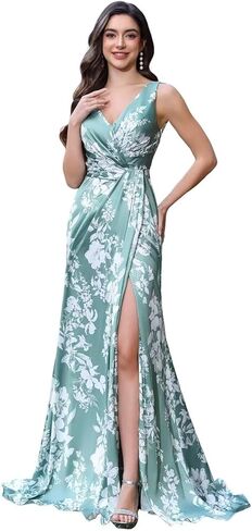 Women's V Neck Bridesmaid Dresses Sleeveless Satin Pleated Formal Dress with Slit 2025 LIN013 in Saudi Arabia