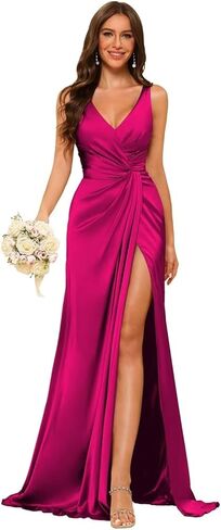 Women's V Neck Bridesmaid Dresses Sleeveless Satin Pleated Formal Dress with Slit 2025 LIN013 in Saudi Arabia