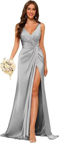 Women's V Neck Bridesmaid Dresses Sleeveless Satin Pleated Formal Dress with Slit 2025 LIN013 in Saudi Arabia