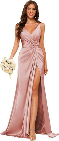 Women's V Neck Bridesmaid Dresses Sleeveless Satin Pleated Formal Dress with Slit 2025 LIN013 in Saudi Arabia