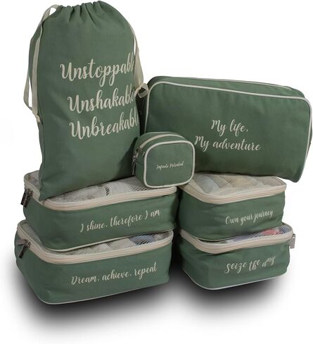 HARIKOA Inspirational Travel Storage Organizer Set, Packing Cubes with Motivational Quotes, 7 Pieces (Sage Green) in Saudi Arabia