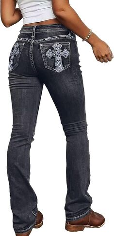 الجينز Flamingals Bootcut للنساء Mid Rise High Stretch Strend Cremny Jeans العصرية التطريز الجينز الجينز in Kuwait