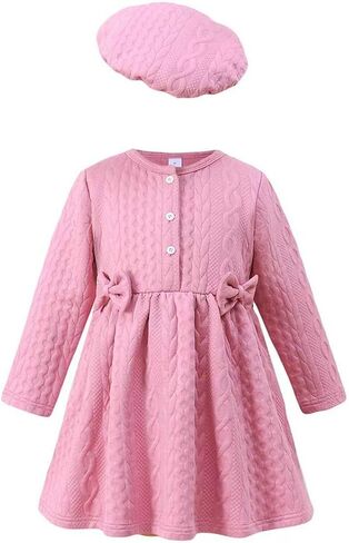 Girls Pink Cable-Knit Dress with Bow Details, Long Sleeve Beret-Trim Holiday Dress for 4-7Y in Saudi Arabia