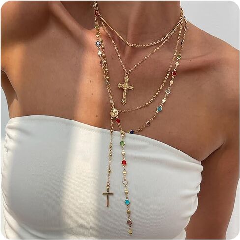 Long Gold Cross Necklaces for Women Colorful Crystal Gemstone Y Shaped Necklaces Layered Rhinestone Gold Cross Pendant Clavicle Neck-lace Wedding Party Prom Jewelry Accessories Gifts for Her in Saudi Arabia