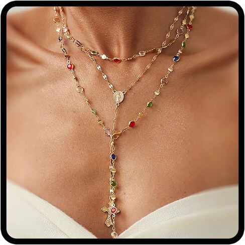 Long Gold Cross Necklaces for Women Colorful Crystal Gemstone Y Shaped Necklaces Layered Rhinestone Gold Cross Pendant Clavicle Neck-lace Wedding Party Prom Jewelry Accessories Gifts for Her in Saudi Arabia