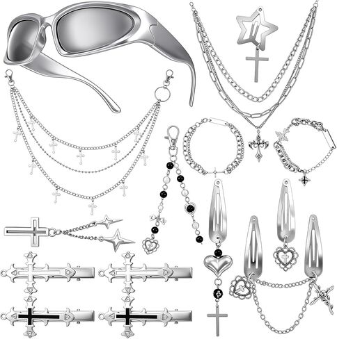 Kenning 15 Pcs Y2k Accessories Set, Y2k Sunglasses Gothic Layered Cross Pendant Necklace Cross Bracelets Goth Keychain Hip Hop Pants Chain Goth Hair Clips Silver Accessories Vintage Jewelry for Women in Saudi Arabia