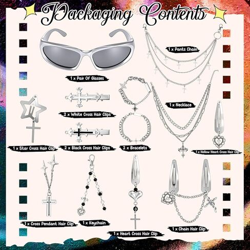 Kenning 15 Pcs Y2k Accessories Set, Y2k Sunglasses Gothic Layered Cross Pendant Necklace Cross Bracelets Goth Keychain Hip Hop Pants Chain Goth Hair Clips Silver Accessories Vintage Jewelry for Women in Saudi Arabia