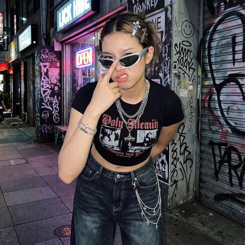 Kenning 15 Pcs Y2k Accessories Set, Y2k Sunglasses Gothic Layered Cross Pendant Necklace Cross Bracelets Goth Keychain Hip Hop Pants Chain Goth Hair Clips Silver Accessories Vintage Jewelry for Women in Saudi Arabia