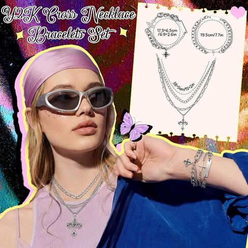 Kenning 15 Pcs Y2k Accessories Set, Y2k Sunglasses Gothic Layered Cross Pendant Necklace Cross Bracelets Goth Keychain Hip Hop Pants Chain Goth Hair Clips Silver Accessories Vintage Jewelry for Women in Saudi Arabia