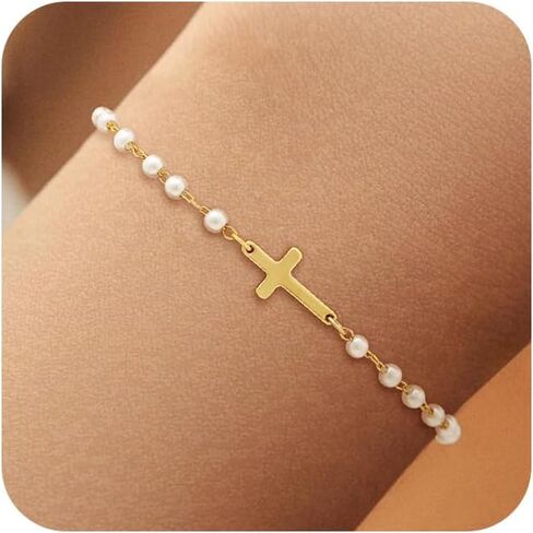NECOCY الذهب الصليب سوار للنساء، لذيذ 14K مطلية بالذهب / الفضة مطلي سحر سوار كومة العصرية اللؤلؤ حبة عقدة الصليب سلسلة سوار الدينية المسيحية المعمودية هدايا مجوهرات عيد الميلاد in Kuwait