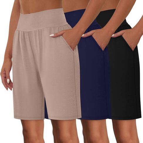 شورتات برمودا للسيدات 3 حزمة ، وعالية الخصر القطن تمتد القيعان غير الرسمية للركبة طول الصيف الرياضي مع جيوب in Kuwait