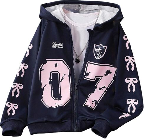 SweatyRocks Girl's Bow Graphic Zip Up Hoodie Sweatshirt Cute Long Sleeve Casual Jackets Fall Winter Trendy in Saudi Arabia