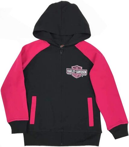 Harley-Davidson Big Girls' Glittery B&S Knit Zippered Hoodie, Black & Pink in Saudi Arabia