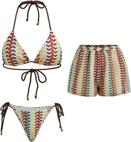 OYOANGLE 3 Piece Swimsuits for Women Colorful Crochet Triangle Halter Bikini Set with Cover Up Beach Shorts in Saudi Arabia