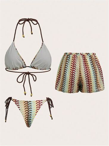 OYOANGLE 3 Piece Swimsuits for Women Colorful Crochet Triangle Halter Bikini Set with Cover Up Beach Shorts in Saudi Arabia