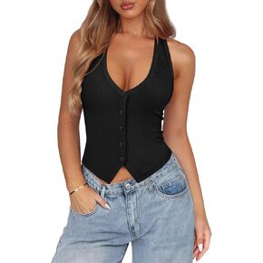 Womens Button Down Tank Top for Women Ribbed Button Up Halter Fitted Vest Summer Sexy Trendy Cute Crop Going Out Tops in Kuwait