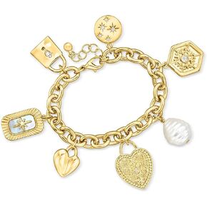 Ross-Simons 14kt Yellow Gold-Plated Charm Bracelet With Simulated Gemstones, Pearl and .50 ct. t.w. Czs. 7 inches in Saudi Arabia