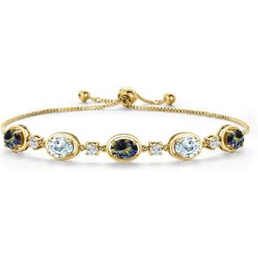 18K Yellow Gold Plated Silver Blue Mystic Topaz, Sky Blue Aquamarine and Lab Grown Diamond Bracelet For Women | 4.75 Cttw | Gemstone November Birthstone | Oval 7X5MM | Fully Adjustable 9 Inch in Saudi Arabia