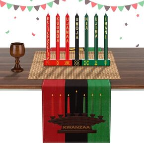 مجموعة 11 قطعة من Kwanzaa Kinara تتضمن 7 شموع مستدقة عديمة اللهب باللون الأحمر والأخضر والأسود وحامل شموع كينارا من الخيزران وحصيرة طاولة خشبية وكأس نبيذ وديكور أمريكي أفريقي لكوانزا in Kuwait