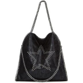 Oversized Slouchy Chain Hobo Bag with Studs Faux Leather Shoulder Bag Tote for Women, Black in Saudi Arabia