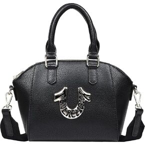 True Religion Satchel Bag, Retro Horseshoe Mini Purse with Oversized Logo, Detachable Strap and Gold Hardware, Black in Kuwait