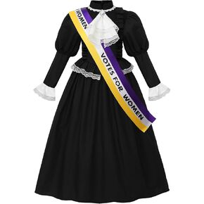 ReliBeauty Susan B Anthony Costume for Girls, Black Victorian Era Colonial Dress with Puff Sleeves & Sash in Saudi Arabia
