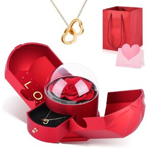 وردة حمراء حقيقية محفوظة مع قلادة على شكل قلب - زهور أبدية، هدايا عيد ميلاد للنساء، أمها، زوجة، صديقة، الجدة في عيد الحب، عيد الميلاد، الذكرى السنوية الرومانسية in Kuwait