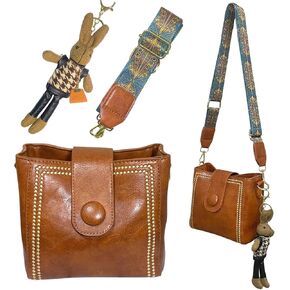 Vintage Vegan Leather Crossbody Bag for Women, Adjustable Strap & Cute Pendant, Everyday Shoulder Handbag in Kuwait