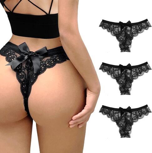 Yolev Women Lace Panties Sexy Bow Lace Thongs Underwear Low Rise V-Shape Design Tangas Panties in Saudi Arabia