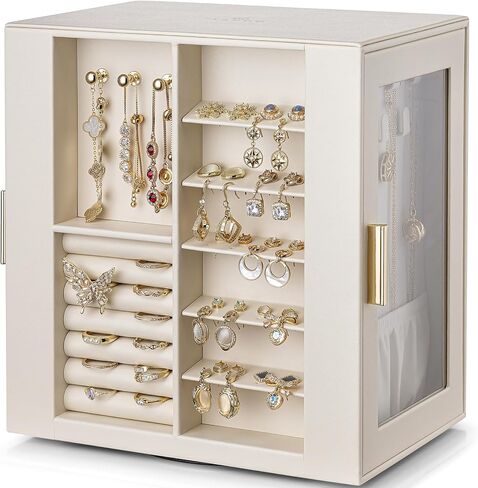 Vlando 360° Rotating Jewelry Box with 5 Drawers, Large Jewelry Storage with 2 Glass Window, PU Leather Jewelry Organizer for Bracelets, Necklaces, Earrings, Rings - Cloud White in Saudi Arabia
