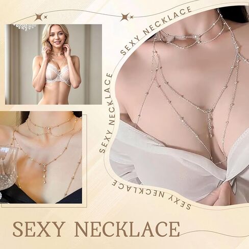 Body Chain Jewelry for Women, Gold & Silver Body Chain with Necklace Set, Rhinestone Chest Chain Tops Women Lingerie Bra Chain Sexy in Saudi Arabia