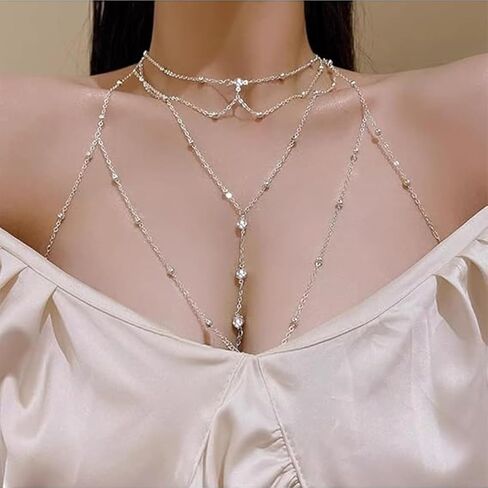 Body Chain Jewelry for Women, Gold & Silver Body Chain with Necklace Set, Rhinestone Chest Chain Tops Women Lingerie Bra Chain Sexy in Saudi Arabia