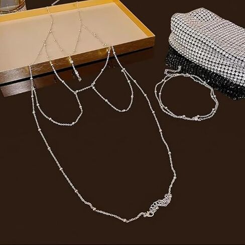 Body Chain Jewelry for Women, Gold & Silver Body Chain with Necklace Set, Rhinestone Chest Chain Tops Women Lingerie Bra Chain Sexy in Saudi Arabia