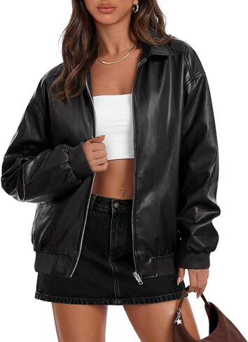 MEROKEETY Women's Oversized Faux Leather Jacket Fall Winter Zip Up Motorcycle Coats Fashion Outfits Clothes 2024 in Kuwait