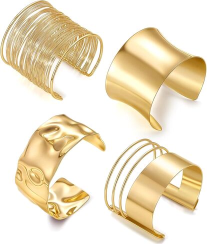4Pcs Gold Cuff Bracelets for Women 14K Gold Plated Chunky Irregular Wide Bangle Bracelets Set Minimalist Statement Open Hollow Wire Wrist Wrap Bracelet Upper Arm Cuff Jewelry Adjustable in Saudi Arabia