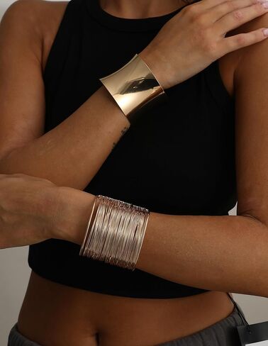 4Pcs Gold Cuff Bracelets for Women 14K Gold Plated Chunky Irregular Wide Bangle Bracelets Set Minimalist Statement Open Hollow Wire Wrist Wrap Bracelet Upper Arm Cuff Jewelry Adjustable in Saudi Arabia