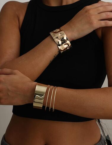 4Pcs Gold Cuff Bracelets for Women 14K Gold Plated Chunky Irregular Wide Bangle Bracelets Set Minimalist Statement Open Hollow Wire Wrist Wrap Bracelet Upper Arm Cuff Jewelry Adjustable in Saudi Arabia