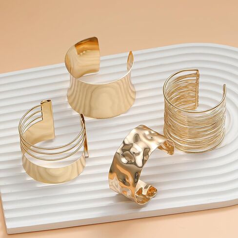 4Pcs Gold Cuff Bracelets for Women 14K Gold Plated Chunky Irregular Wide Bangle Bracelets Set Minimalist Statement Open Hollow Wire Wrist Wrap Bracelet Upper Arm Cuff Jewelry Adjustable in Saudi Arabia