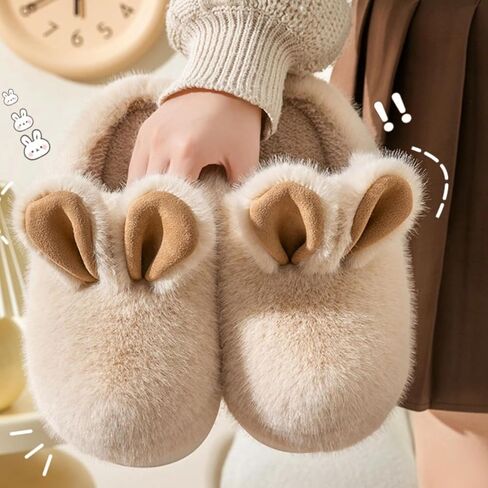 Fuzzy Cute Bunny Ear Women's Home Memory Foam Slippers, Kawaii Furry Faux Fur Lined Bedroom Shoes Cozy Indoor Outdoor Slide in Saudi Arabia