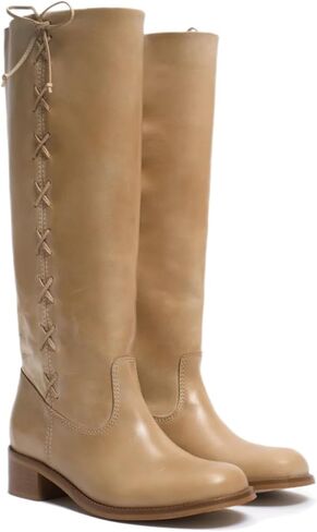 Women Wide Calf Knee High Boots with Bow Round Toe Low Block Heel Tall Campus Boots Riding Long Boots in Saudi Arabia